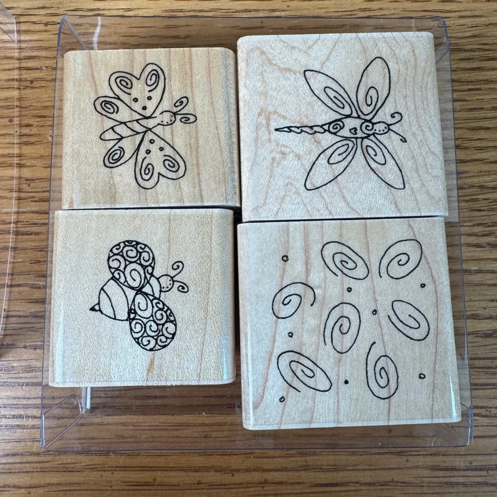 Close To My Heart Wood Mounted Rubber Stamps Set Butterfly Dragonfly Bee Swirls‎